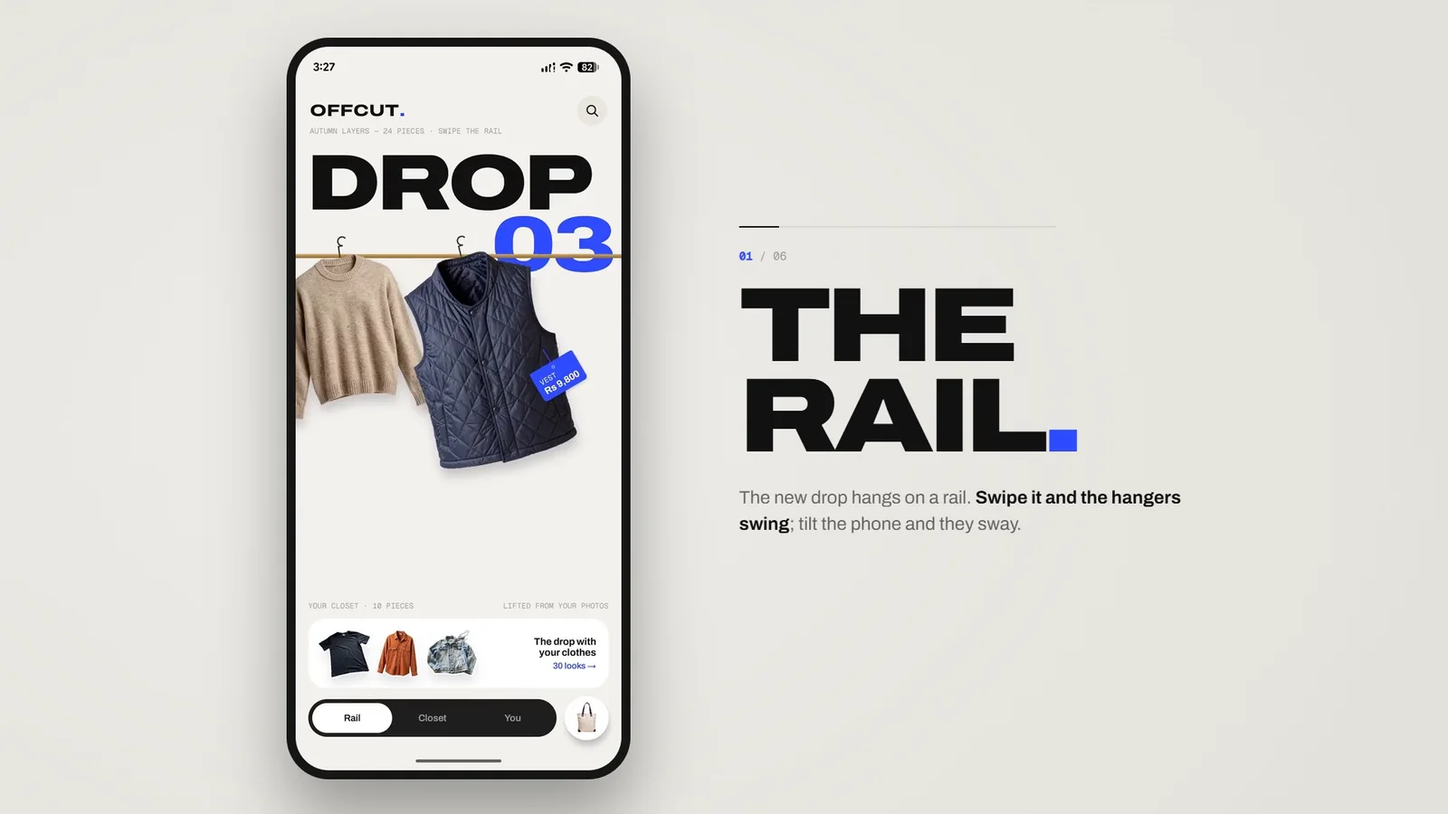 Offcut — the store's home screen on a phone: jackets hanging on a brass rail under “DROP 03”, beside the headline “The rail.”