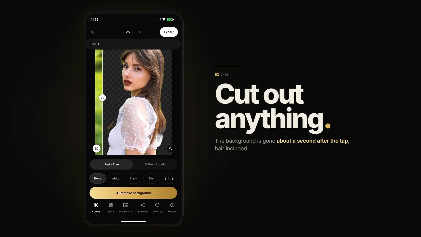 SalluLabs for Android — the editor on a phone, comparing a portrait before and after background removal, beside the headline “Cut out anything.”