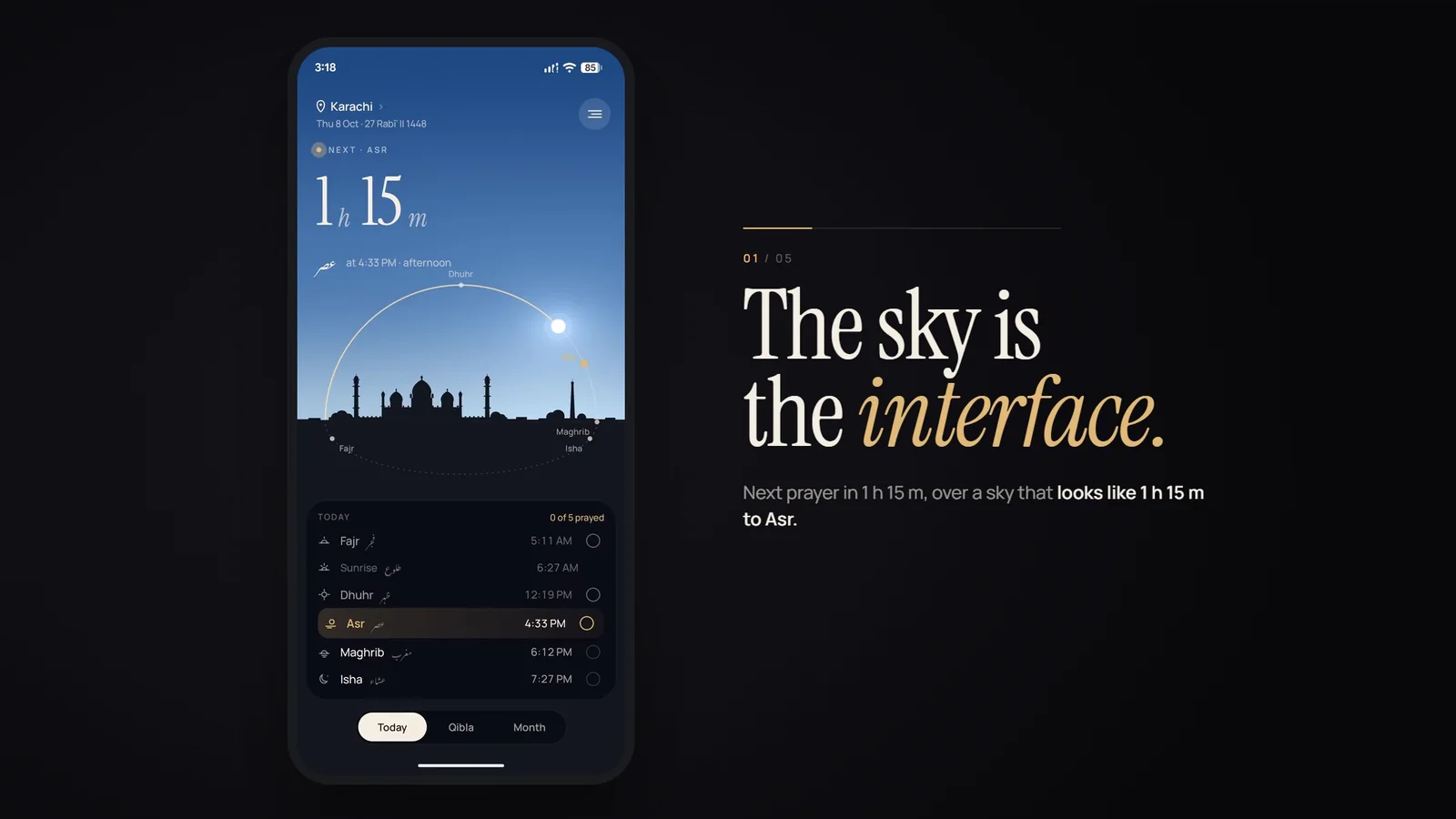 Samt — the home screen on a phone: the next prayer in 1 hour 15 minutes over a live blue sky and the city skyline, beside the headline “The sky is the interface.”