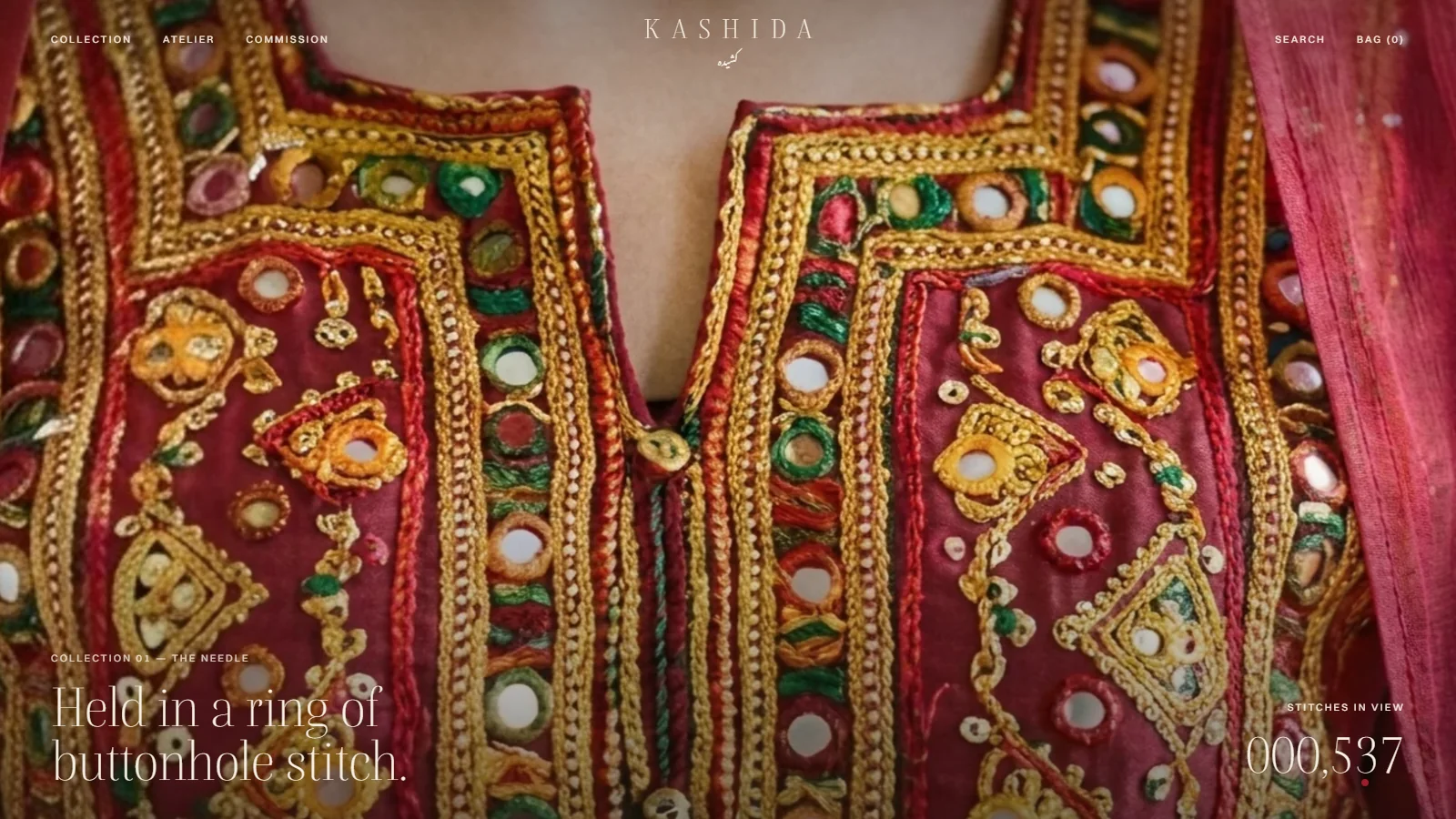 Kashida — the site mid-scroll, zoomed into a mirror-work bodice under the headline “Held in a ring of buttonhole stitch.”