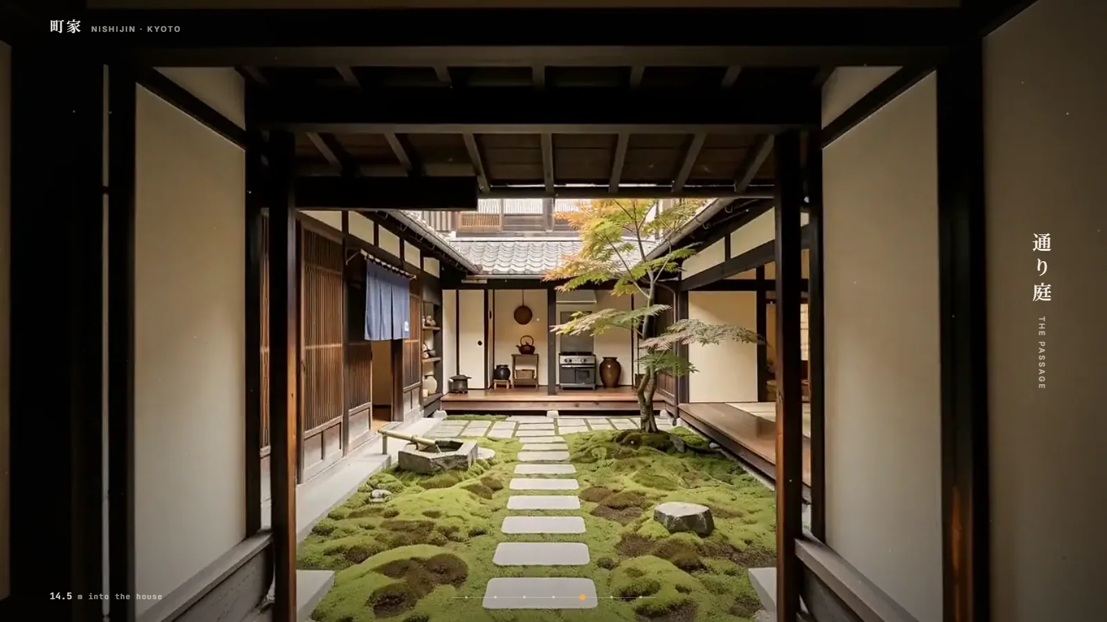 Machiya — the site mid-walk, looking through a passage into a moss courtyard with a maple tree, 14.5 metres into the house