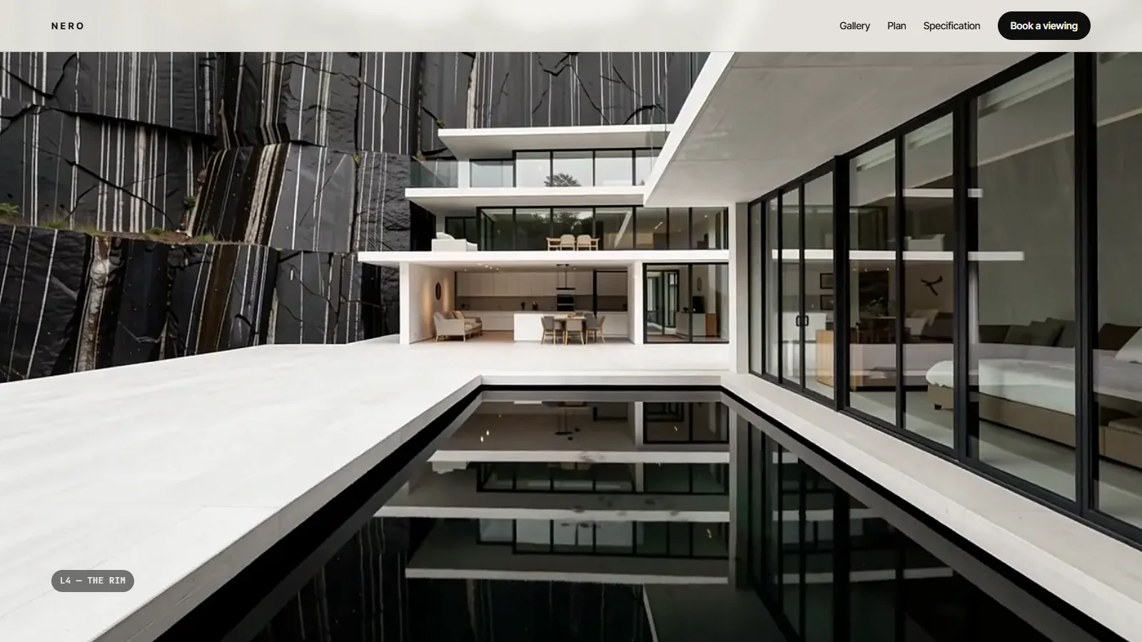 NERO — the site's walk-in, a house cut into a black quarry beside a long reflecting pool, labelled “L4 — The Rim”
