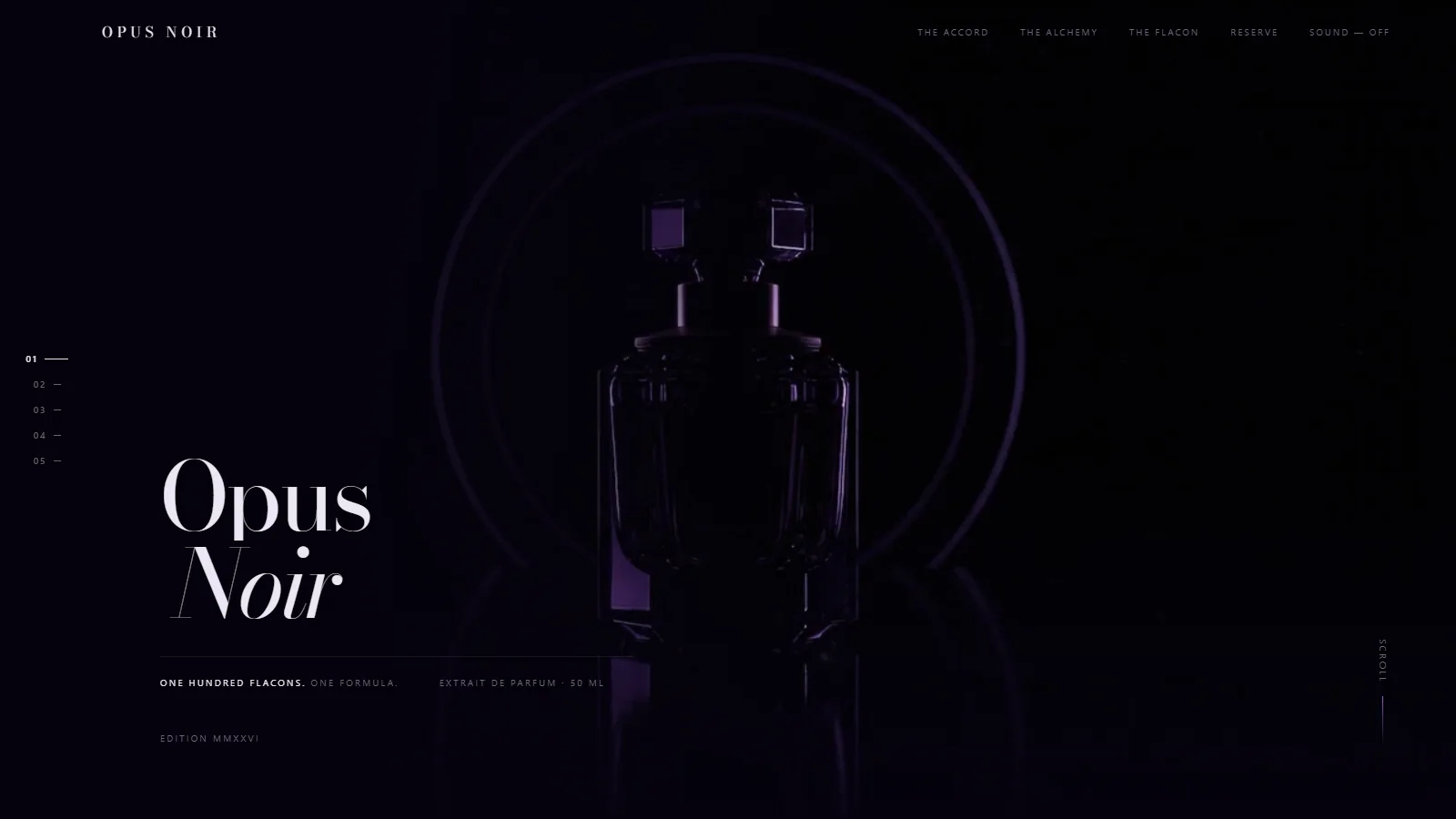 Opus Noir — the site's opening view: a purple crystal flacon inside a halo, with the title “Opus Noir”
