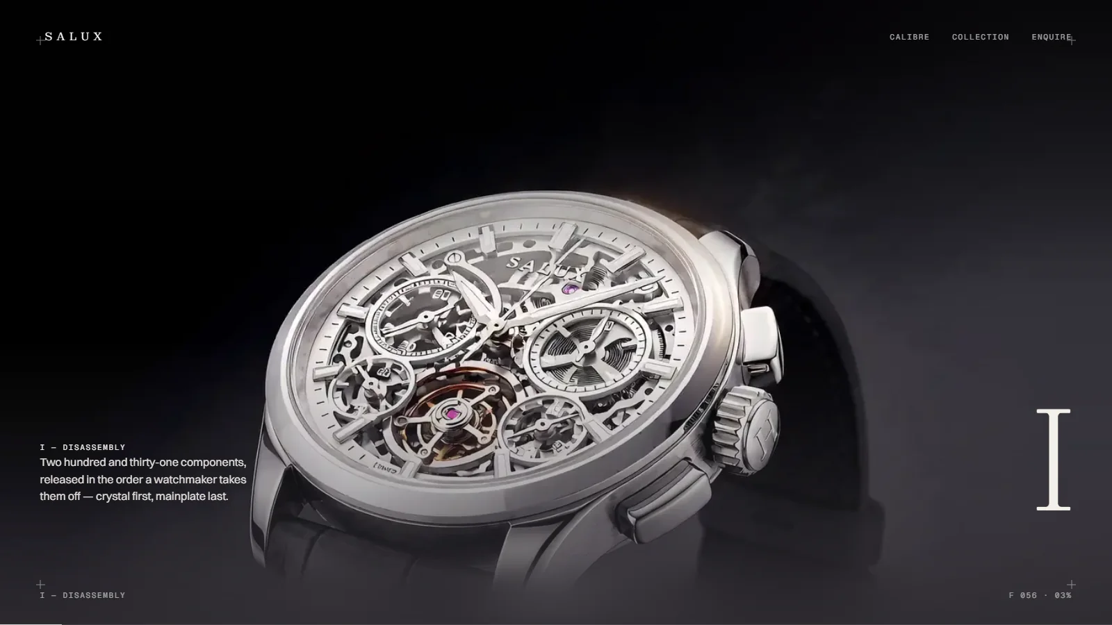 SALUX — the site's first chapter, “I — Disassembly”, a skeleton chronograph with its calibre navigation