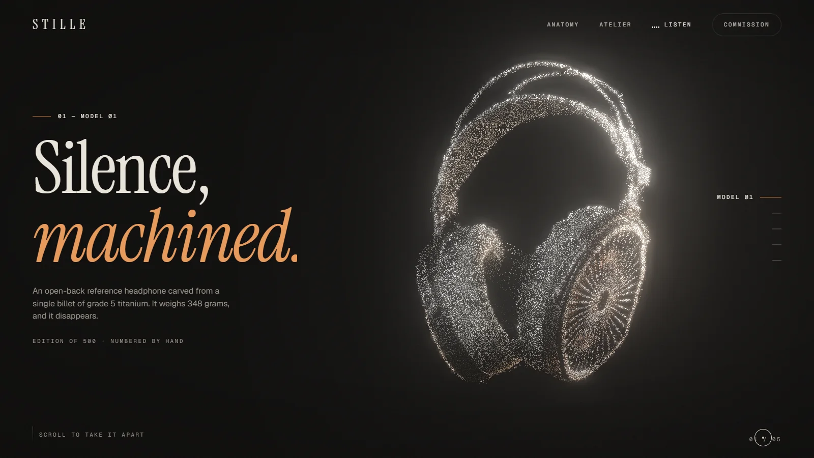 STILLE — the site's opening view: a headphone made of particles beside the headline “Silence, machined.”