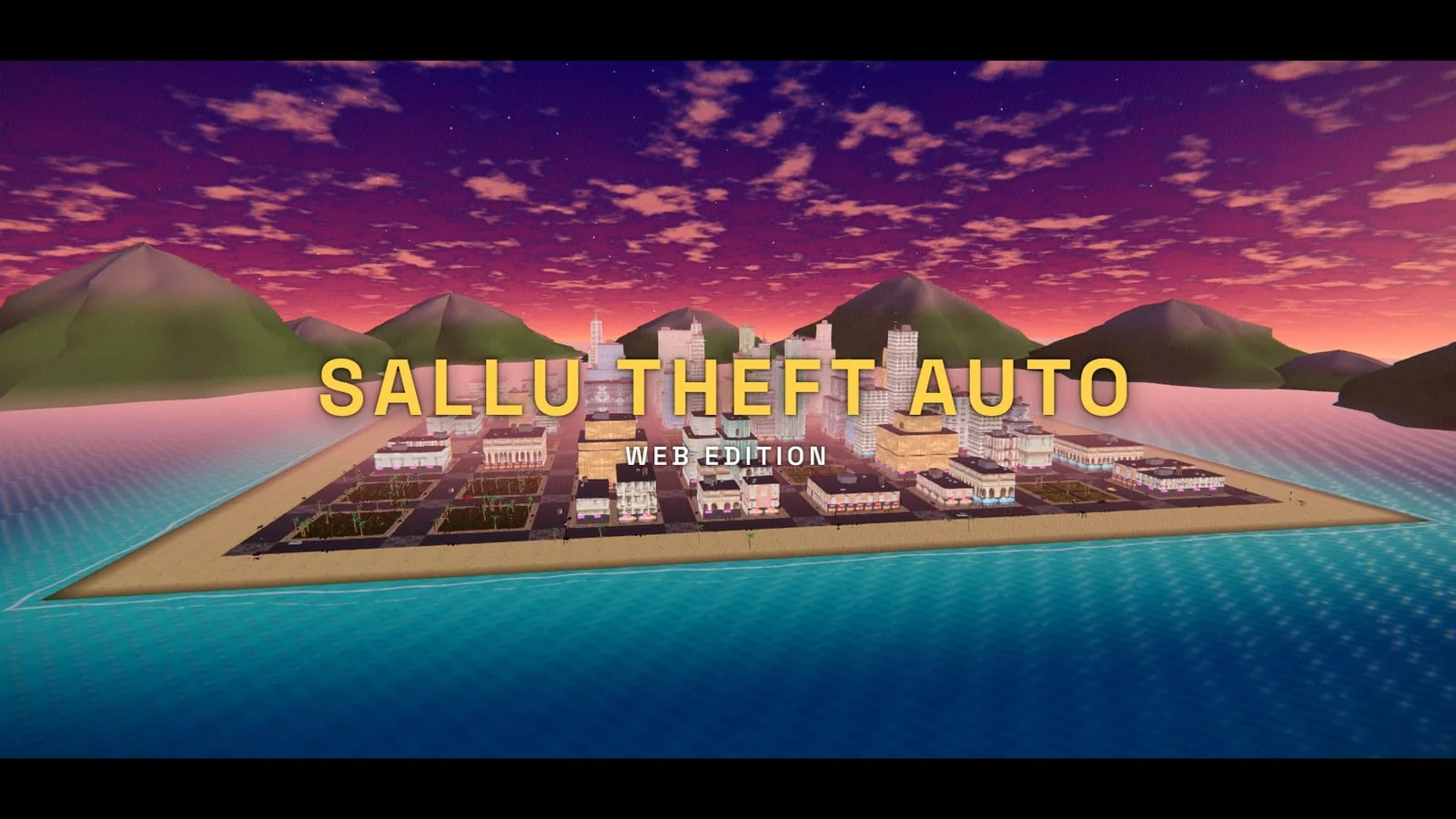 Sallu Theft Auto: Web Edition — the title screen, a beach city island at sunset under the game's name