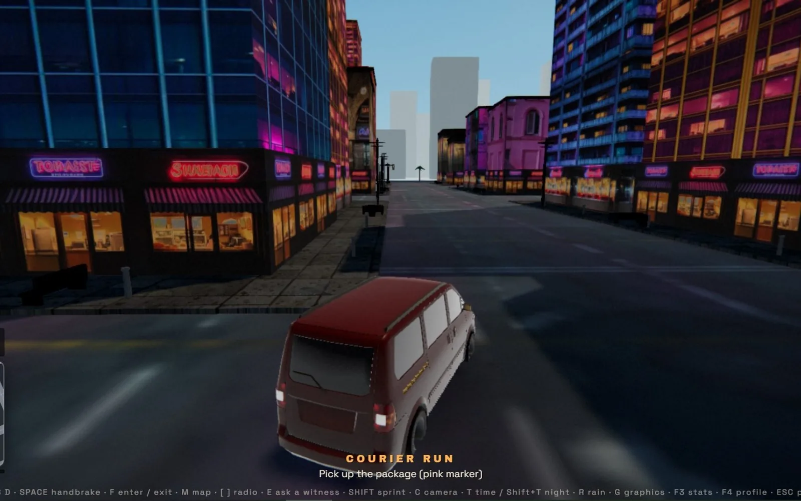 Sallu Theft Auto — driving through a generated neon strip at night